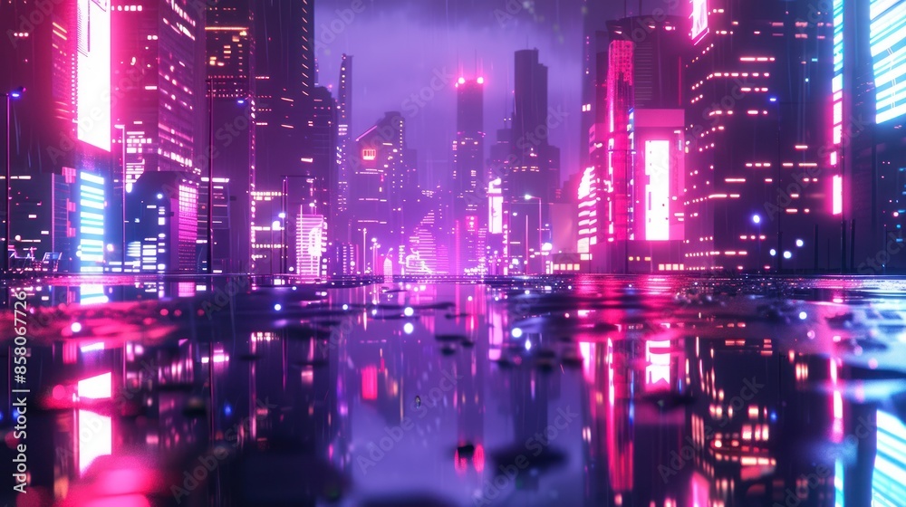 Obraz premium A neon cityscape with a reflection of the city in a puddle. Scene is vibrant and energetic