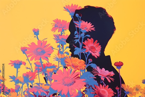 Vibrant Floral Silhouette with Bold Complementary Colors in Minimalist Risograph Style
