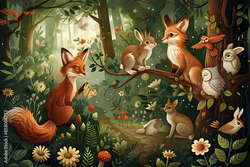 A whimsical illustration of cute woodland animals, including foxes, rabbits, and owls, interacting in a forest setting