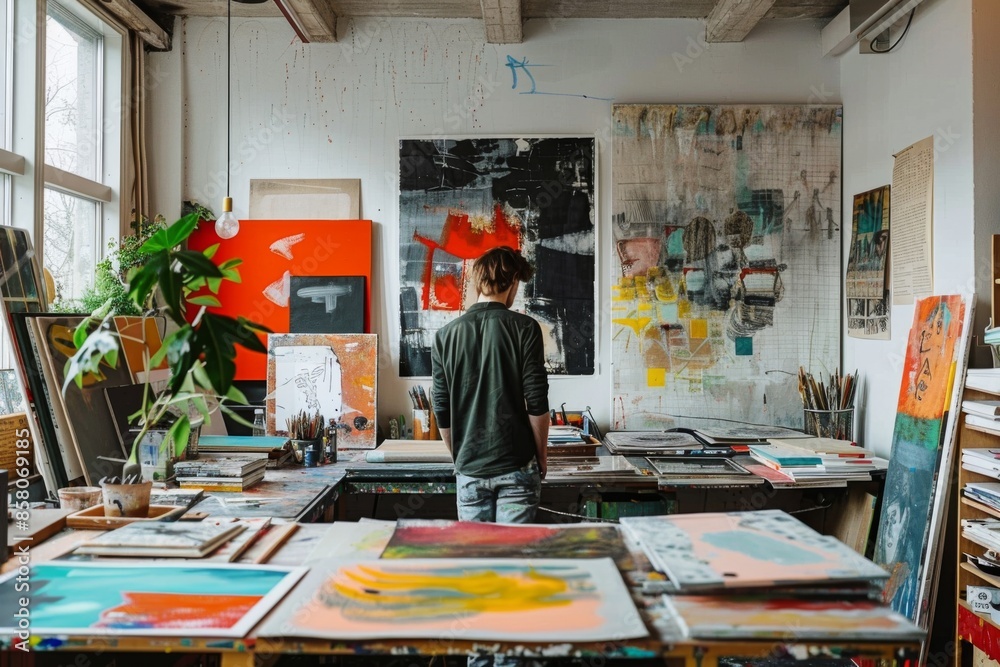 Artist Creating Contemporary Artwork in Sunlit Studio Space Artist Creating Contemporary Artwork in Sunlit Studio Space