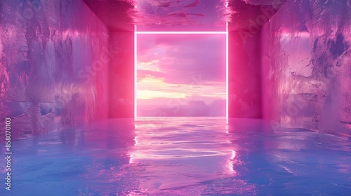A room with a pink wall and a neon light shining through a doorway