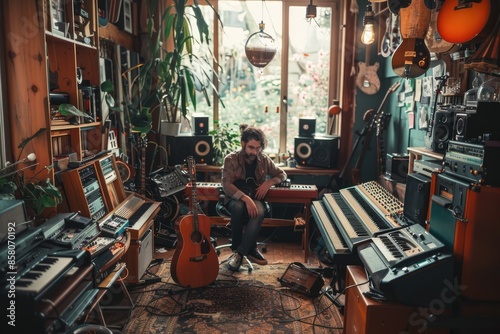 A musician is playing the guitar in a studio filled with instruments and recording equipment, focused on creating music AIG58 photo