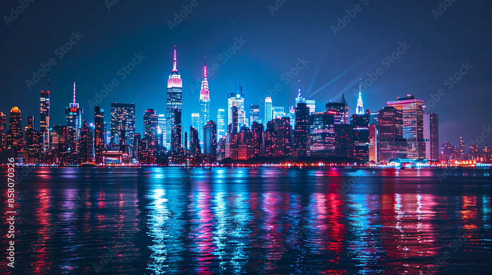 Fototapeta premium A stunning, vibrant night skyline of New York City, featuring iconic skyscrapers and city lights. Perfect for travel, tourism, and urban-themed designs.
