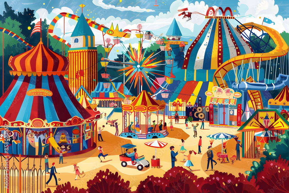 A dynamic illustration of a carnival with colorful rides, games, and people enjoying the festivities, set against a lively backdrop 