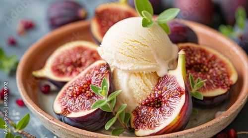 fig and ice cream dessert, indulge in a delightful fig dessert topped with vanilla ice cream a refreshing summer treat fit for any event photo