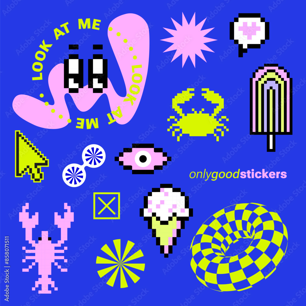 Pixel art, Y2k retro sticker pack. Funny naive design elements. Blue 8bit game icons, Kids Print with Nice Text for cover, t-shirt. geometric shape, pixelated cursor, eyes, emoji, lobster Pixel art, Y2k retro sticker pack. Funny naive design elements. Blue 8bit game icons, Kids Print with Nice Text for cover, t-shirt. geometric shape, pixelated cursor, eyes, emoji, lobster