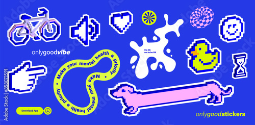 Pixel art, Y2k retro sticker pack. Funny naive design elements. Blue 8bit game icons, Kids Print with Nice Text for cover, t-shirt. geometric shape, pixelated cursor, bicycle, emoji, rubber duck