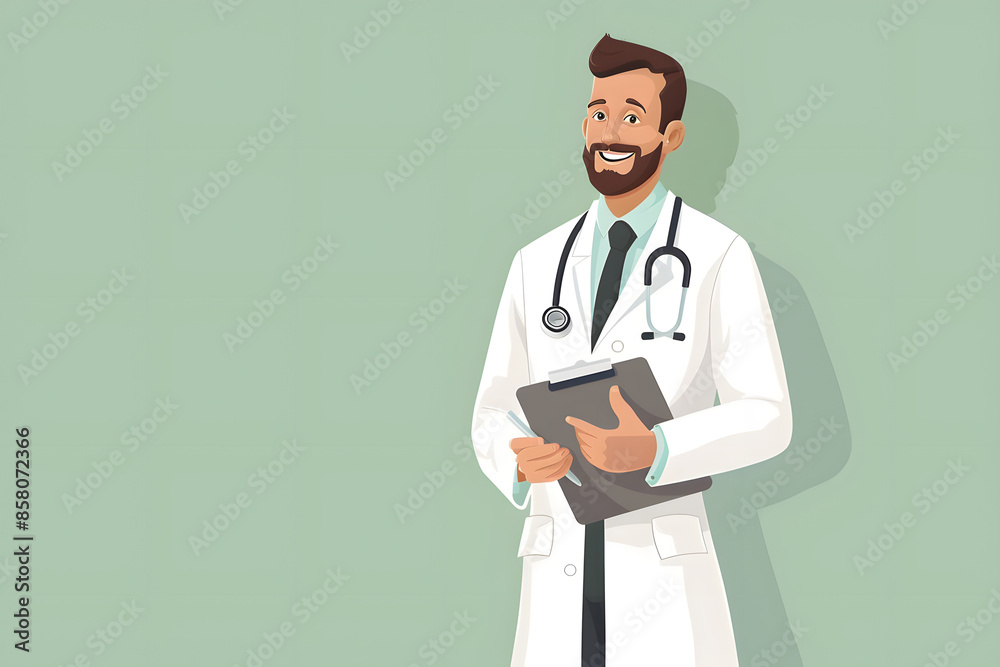 A professional doctor in a white coat, holding a clipboard and smiling, isolated on a solid light green background A professional doctor in a white coat, holding a clipboard and smiling, isolated on a solid light green background