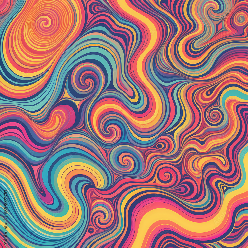 Vector illustration with psychedelic 1960s-inspired patterns: Swirling abstract designs in neon and pastel colors. Ideal for retro art and vintage-themed projects. Vector illustration with psychedelic 1960s-inspired patterns: Swirling abstract designs in neon and pastel colors. Ideal for retro art and vintage-themed projects.
