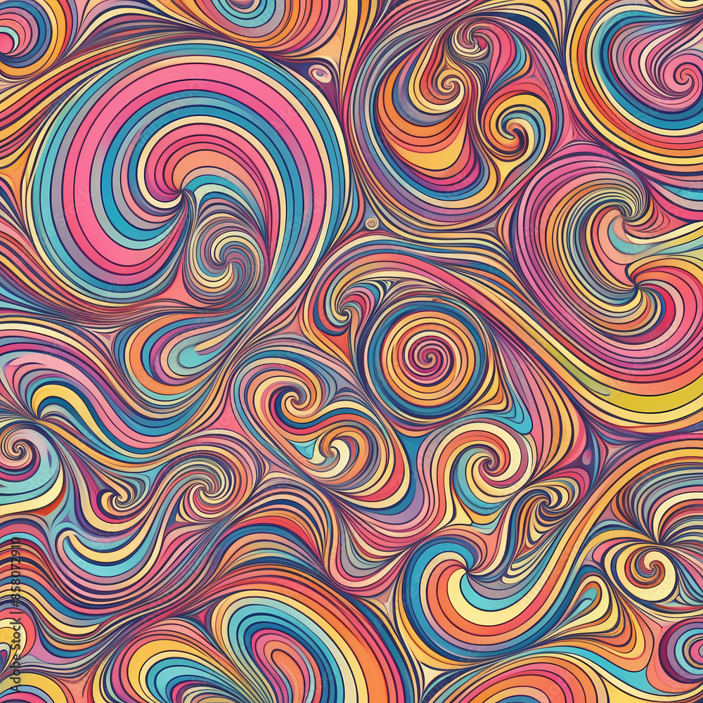 Vector illustration with psychedelic 1960s-inspired patterns: Swirling abstract designs in neon and pastel colors. Ideal for retro art and vintage-themed projects. Vector illustration with psychedelic 1960s-inspired patterns: Swirling abstract designs in neon and pastel colors. Ideal for retro art and vintage-themed projects.