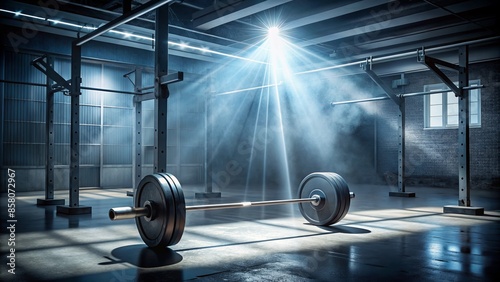 Empty gym setting with barbell and weights, spotlight shining down, emphasizing the anticipation and intensity of an upcoming powerful lift, conveying physical and mental strength. photo