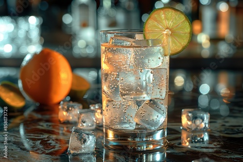 A refreshing gin and tonic cocktail in a highball glass with ice cubes, garnished with a wedge of lime.