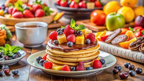 Colorful kitchen scene featuring a plate with a pancake waiting to be filled with an assortment of fresh fruits, chocolates, and sweet treats.