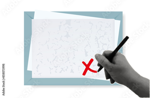 Reject, negative result, document verification. A woman's hand puts a cross on a business form. Refusal, claim, cancel project, error, negative visa. Wrong test, failure. Contemporary collage art.