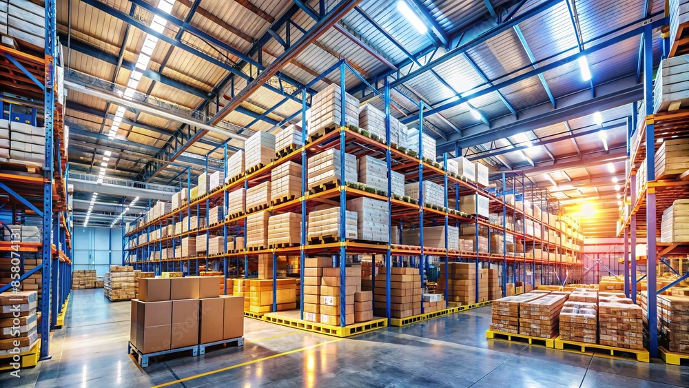 Racks of inventory stretch towards the ceiling in a bustling warehouse, with boxes and pallets ready for shipment, amidst a backdrop of industrial equipment and crates. Racks of inventory stretch towards the ceiling in a bustling warehouse, with boxes and pallets ready for shipment, amidst a backdrop of industrial equipment and crates.