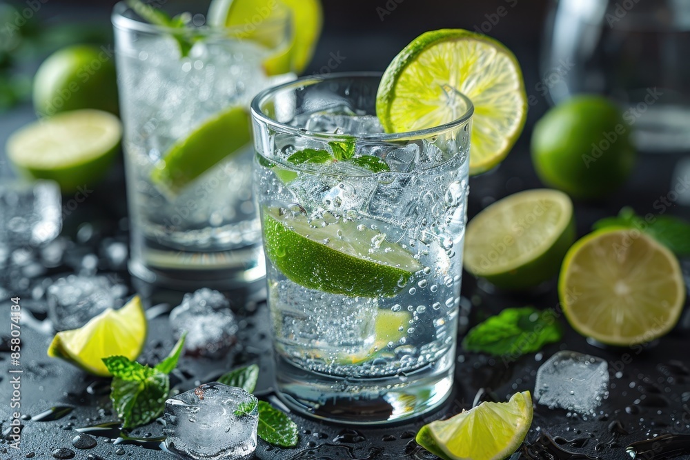 A refreshing gin and tonic cocktail in a highball glass with ice cubes, garnished with a wedge of lime. A refreshing gin and tonic cocktail in a highball glass with ice cubes, garnished with a wedge of lime.