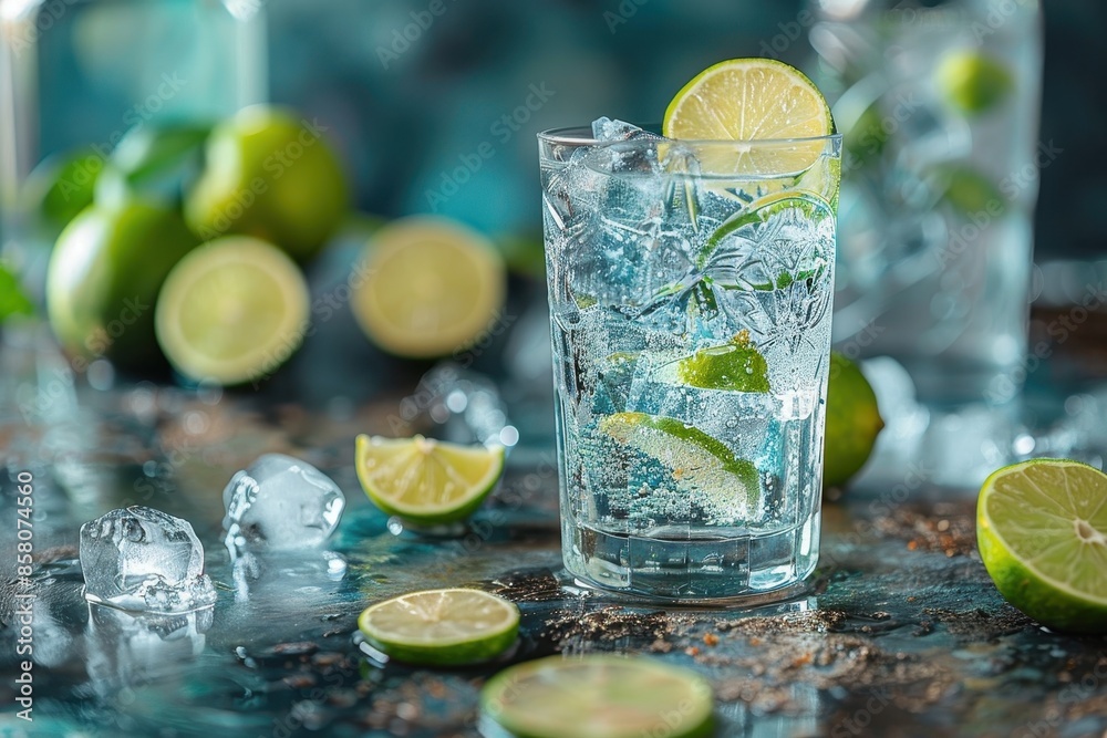 A refreshing gin and tonic cocktail in a highball glass with ice cubes, garnished with a wedge of lime. A refreshing gin and tonic cocktail in a highball glass with ice cubes, garnished with a wedge of lime.