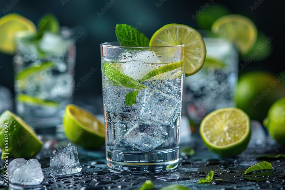 A refreshing gin and tonic cocktail in a highball glass with ice cubes, garnished with a wedge of lime. A refreshing gin and tonic cocktail in a highball glass with ice cubes, garnished with a wedge of lime.