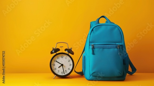 Blue Backpack and Alarm Clock on Bright Yellow Background