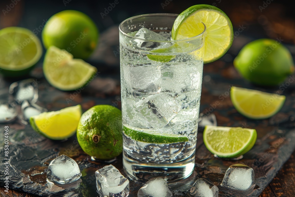 A refreshing gin and tonic cocktail in a highball glass with ice cubes, garnished with a wedge of lime. A refreshing gin and tonic cocktail in a highball glass with ice cubes, garnished with a wedge of lime.