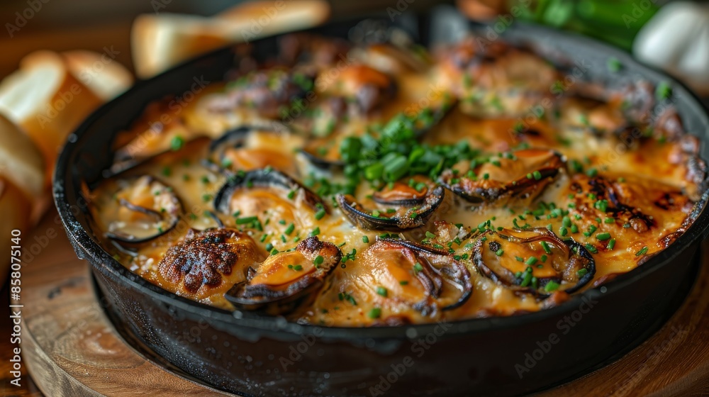 A top view of baked mussels gratinated with cheese in a black skillet, garnished with fresh chives, showcasing the crispy, golden-brown crust and creamy interior. A top view of baked mussels gratinated with cheese in a black skillet, garnished with fresh chives, showcasing the crispy, golden-brown crust and creamy interior.