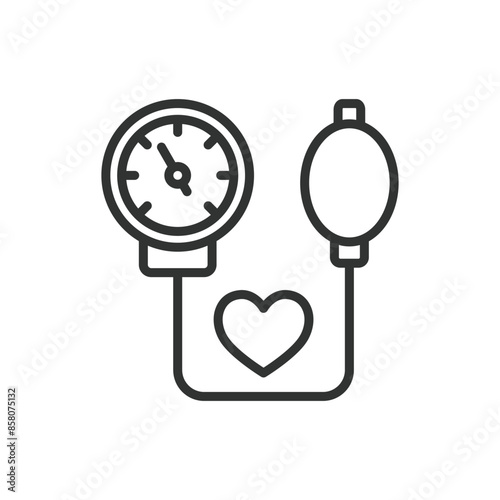 Blood Pressure Measurement, in line design. Blood, pressure, measurement, sphygmomanometer, cuff, health, monitor on white background vector. Blood Pressure Measurement editable stroke icon.