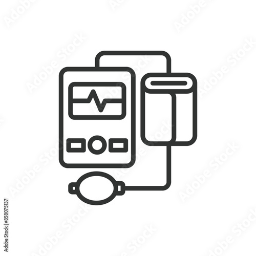 Blood Pressure Measurement, in line design. Blood, pressure, measurement, sphygmomanometer, cuff, health, monitor on white background vector. Blood Pressure Measurement editable stroke icon.