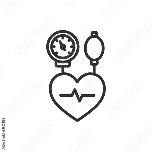 Blood Pressure Measurement, in line design. Blood, pressure, measurement, sphygmomanometer, cuff, health, monitor on white background vector. Blood Pressure Measurement editable stroke icon.