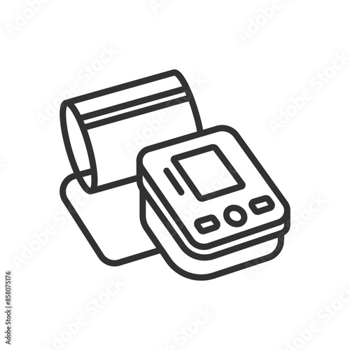 Blood Pressure Measurement, in line design. Blood, pressure, measurement, sphygmomanometer, cuff, health, monitor on white background vector. Blood Pressure Measurement editable stroke icon.