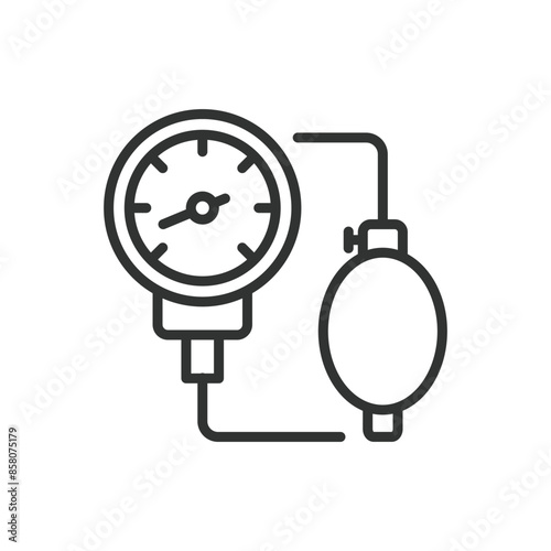 Blood Pressure Measurement, in line design. Blood, pressure, measurement, sphygmomanometer, cuff, health, monitor on white background vector. Blood Pressure Measurement editable stroke icon.