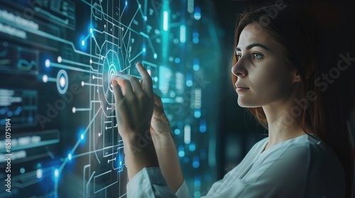 A woman is looking at a computer screen with a blue screen and a red button