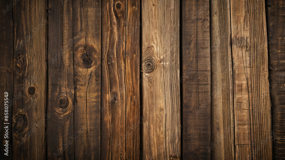Naklejka premium Fond de planche de bois marron foncé, papier peint. Vieux fond en bois texturé foncé grunge, la surface de la vieille texture de bois brun, vue de dessus lambris en bois de pin brun.