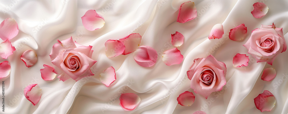 Elegant composition of pink roses and petals scattered on soft white silk fabric, creating a romantic and luxurious ambiance. Elegant composition of pink roses and petals scattered on soft white silk fabric, creating a romantic and luxurious ambiance.