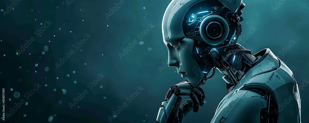 Fototapeta premium Futuristic robot with artificial Intelligence technology background banner with copy space area for text presenation.
