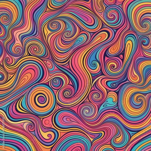 Vector illustration with psychedelic 1960s-inspired patterns: Swirling abstract designs in neon and pastel colors. Ideal for retro art and vintage-themed projects.