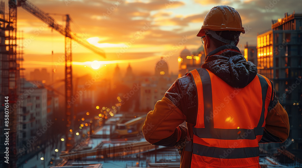 A construction foreman in a beautiful scene at sunset, a building site. Generative AI. A construction foreman in a beautiful scene at sunset, a building site. Generative AI.