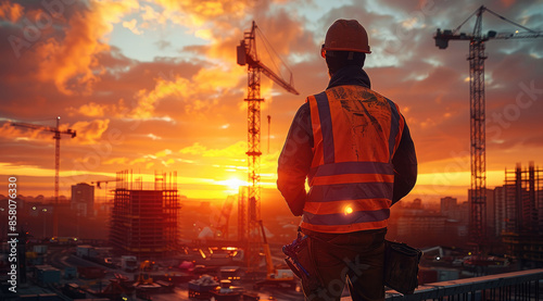 A construction foreman in a beautiful scene at sunset, a building site. Generative AI.