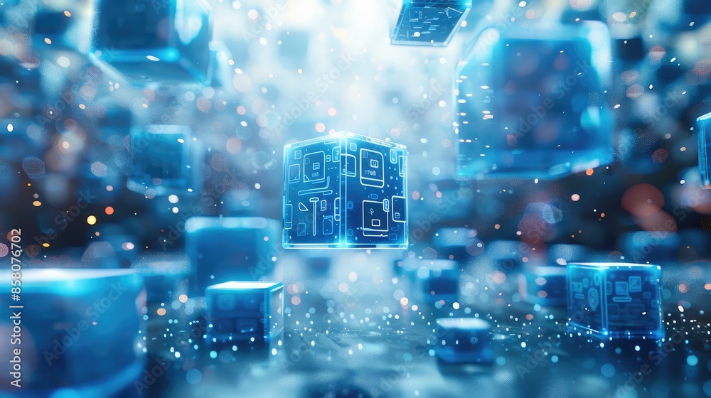Blue and white background, light blue cubes with icons of different products floating in the air, digital technology style, 3D rendering. Generative AI. Blue and white background, light blue cubes with icons of different products floating in the air, digital technology style, 3D rendering. Generative AI.