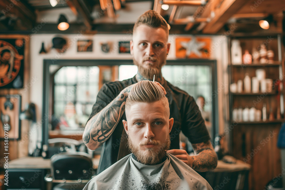 Obraz premium A man with a shaved head sits in a barber chair while a barber cuts his hair