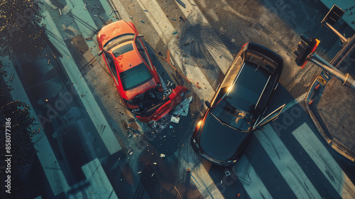 dramatic traffic accident, with a crash of two broken and dented cars on the road. Street view from above with a terrible situation for recklessness when complying with traffic regulations