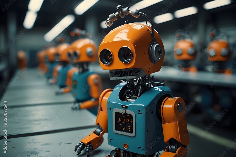 A robot making factory, robots in a row A robot making factory, robots in a row
