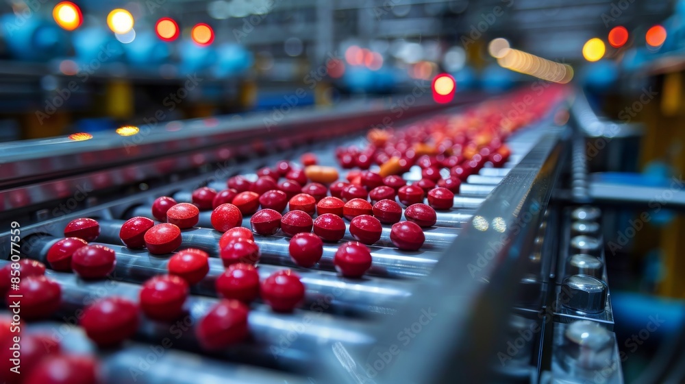 Obraz premium This image depicts a production line conveyor belt carrying a mixture of red and orange tablets, illustrating the streamlined process and high output of tablet manufacturing.
