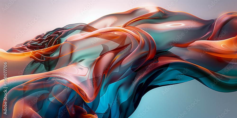 Obraz premium A digital illustration of abstract, flowing liquid in vibrant shades of orange, blue, and purple