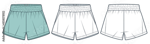 Sport Shorts technical fashion illustration. Short Pants fashion technical drawing template, elastic waist, inside drawstring, front, back view, white, mint green, women, men, unisex CAD mockup set.