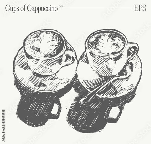 Two coffee cups on a table. Hand drawn vector illustration.