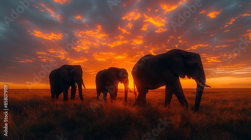 A family of elephants walks through the savannah at sunset, with the sky ablaze in vibrant hues.