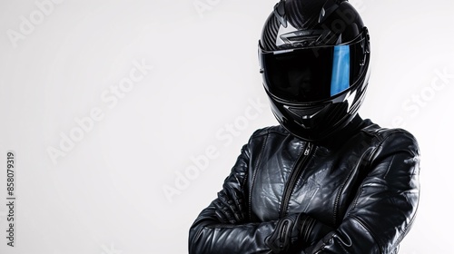 Mysterious Motorcyclist in Black Leather and Helmet