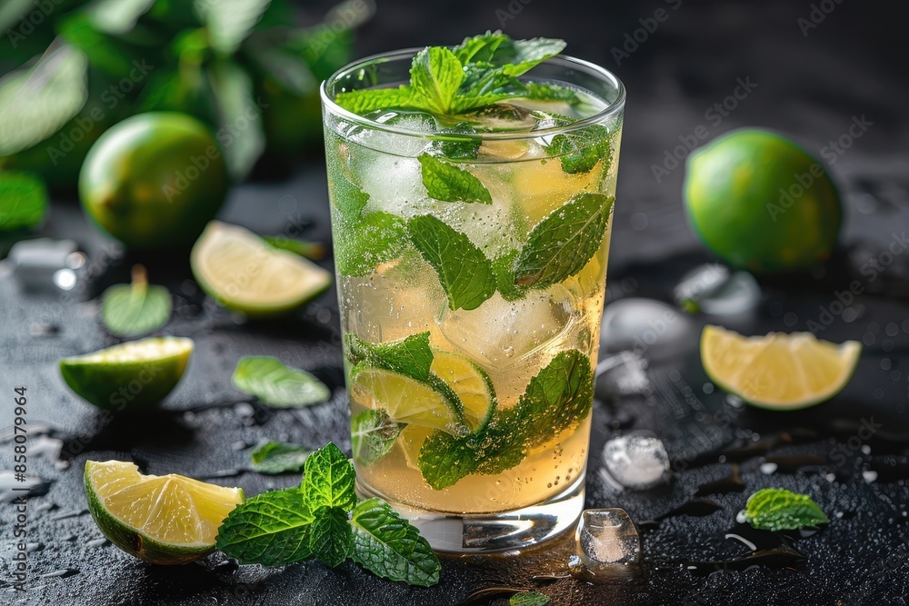 A refreshing mint mojito cocktail in a highball glass, with muddled mint leaves, lime juice, white rum, and soda water A refreshing mint mojito cocktail in a highball glass, with muddled mint leaves, lime juice, white rum, and soda water