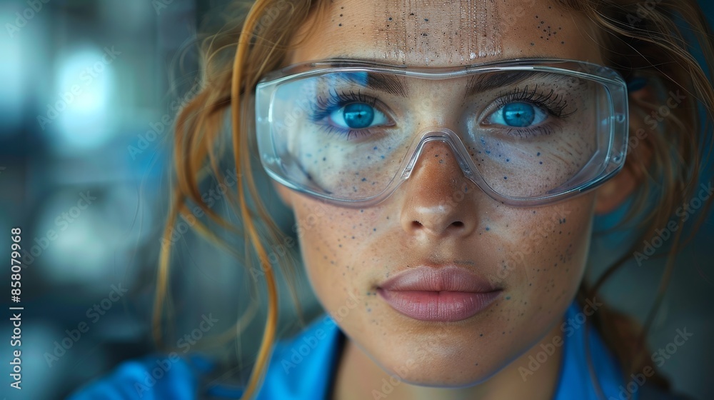 Close-up of a woman wearing transparent goggles, with blue eyes and a face speckled with dirt or freckles, shot in an industrial or scientific setting. Close-up of a woman wearing transparent goggles, with blue eyes and a face speckled with dirt or freckles, shot in an industrial or scientific setting.