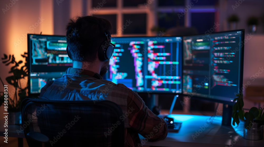 man sitting in front of multiple computer monitors, coding and writing software code at night time man sitting in front of multiple computer monitors, coding and writing software code at night time